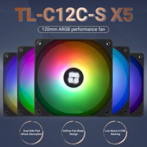 Thermalright 5 Pack TL-C12C-S CPU Fan 120mm ARGB Case Cooler Fan, 4pin PWM Silent Computer Fan with S-FDB Bearing Included, up to 1550RPM Cooling Fan(5 Quantities) TL-C12C-S X5