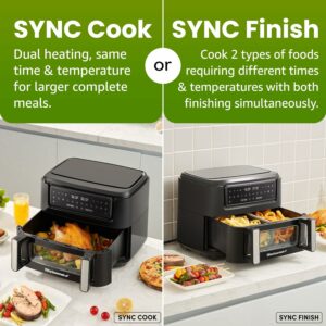 Elite Gourmet Dual Zone Air Fryer Oven, 11QT Capacity with Divider, PFAS Free Nonstick, SYNC FINISH, 10 Preset Functions, Bake, Roast, Broil, Air Fry, Toast, Dehydrate, 1600W, with 25 Recipes, Black 11 Quart Black