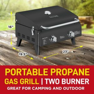 Black Portable Gas Grill, Dual 10,000 BTU Burners, 275 Sq.In Cooking Space, Push-to-Start Ignition, Wind-Proof Lid with Built-in Thermometer, Perfect for Camping Tailgates & Backyard BBQ Cookouts