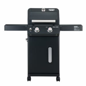Monument Grills 2-Burner Stainless Steel Liquid Propane Gas Grill, Two Foldable Shelves Patio Garden Barbecue Grill with Clearview® Lid, Knob Control Mesa220, Black M220